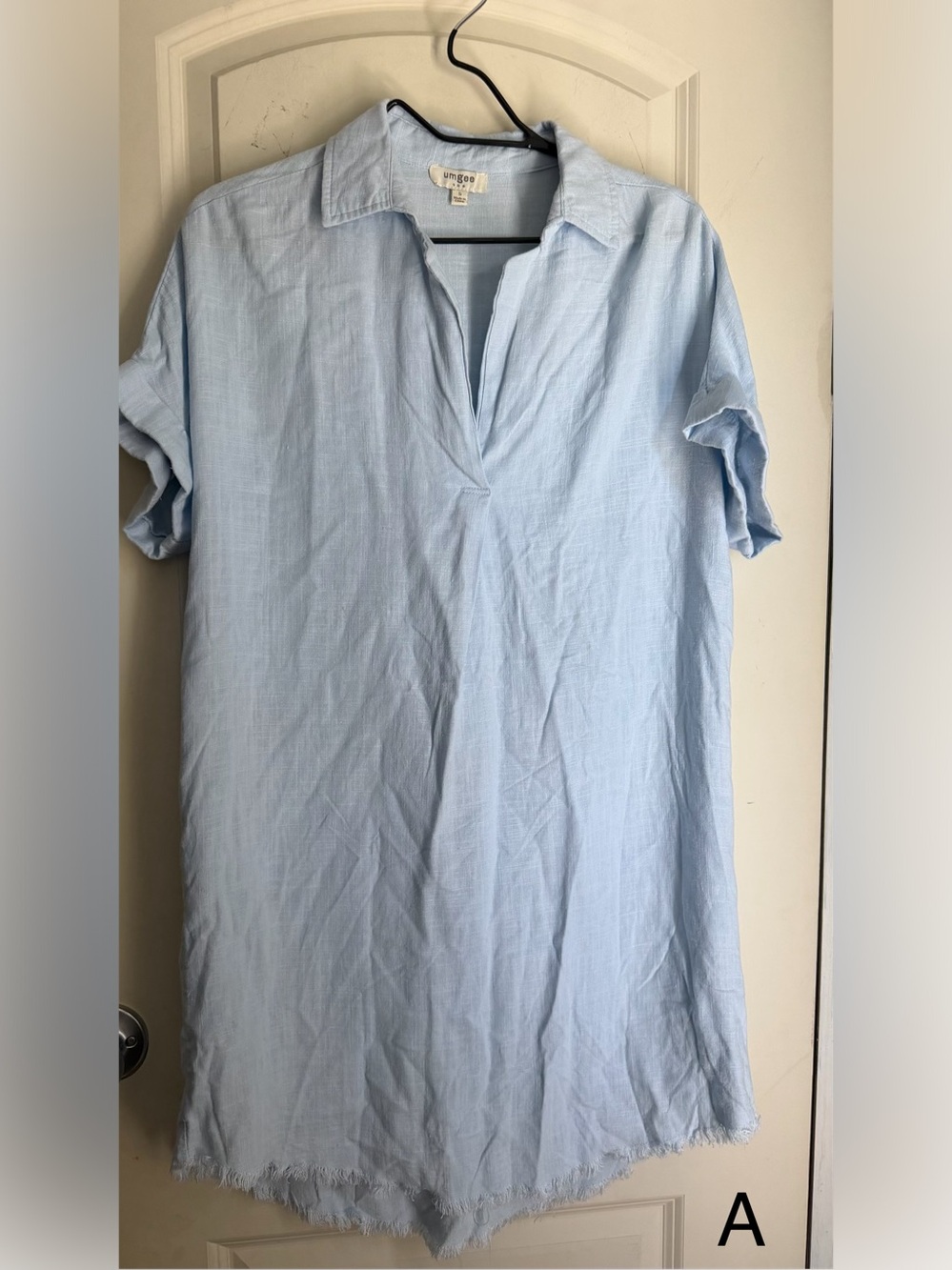 Umgee sky blue Linen/rayon V-Neck Collared Dress with High Low Frayed Hem S boho - Picture 2 of 10
